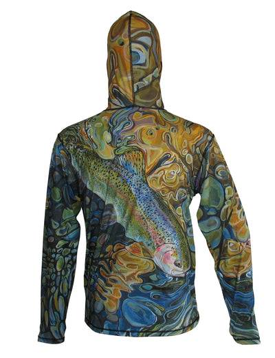 Rainbow trout comes to the fly fishing net, back view