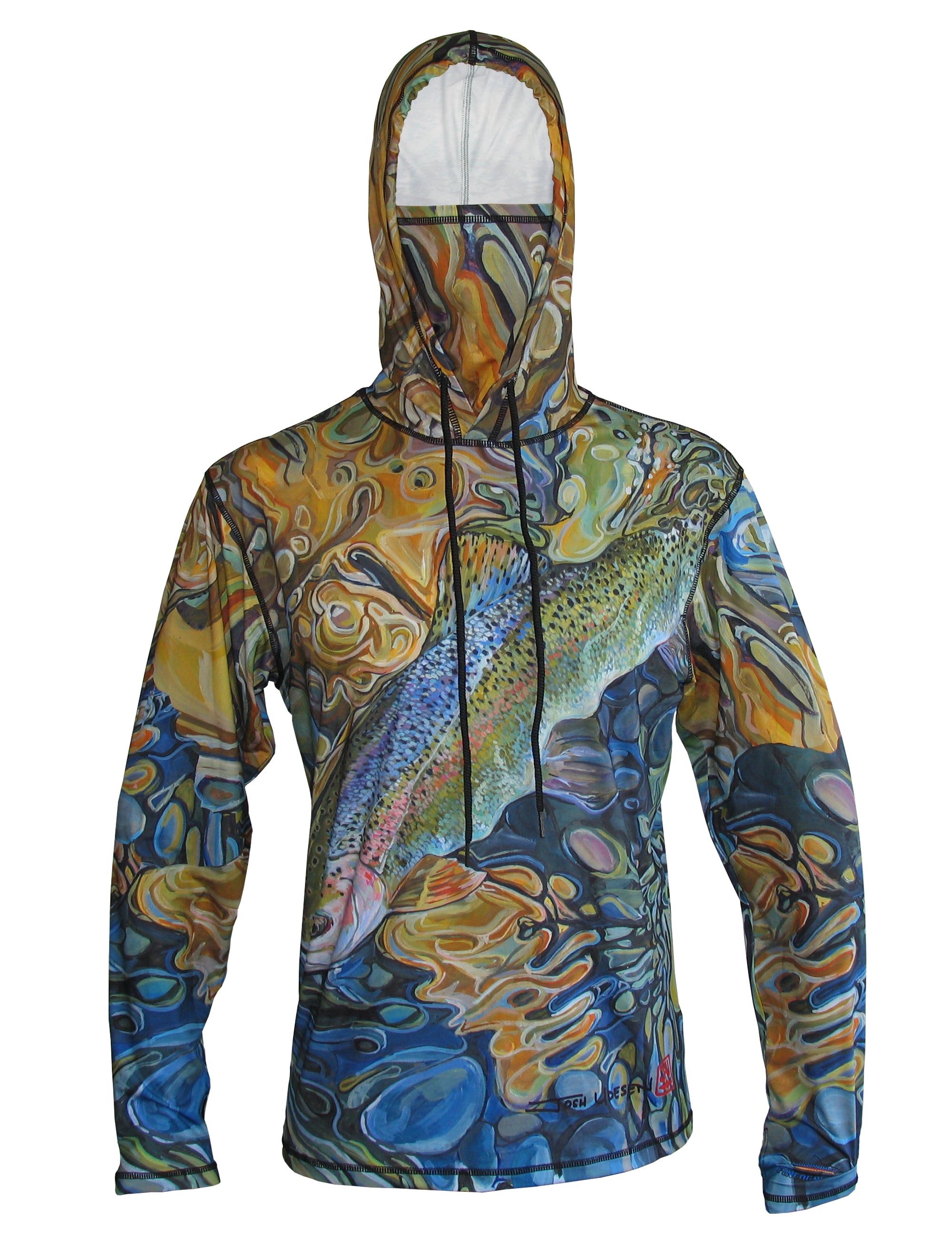 Rainbow trout comes to the fly fishing net, front view