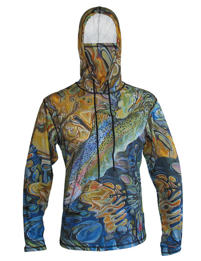 Rainbow trout comes to the fly fishing net, front view