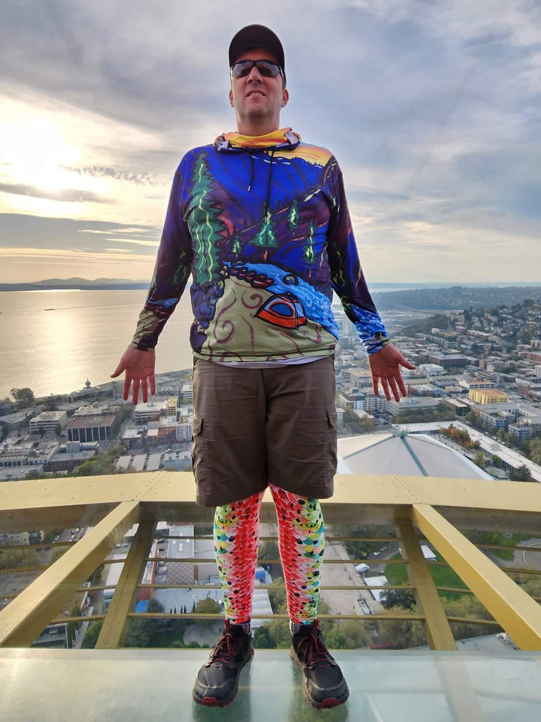 Chris sporting the Middle Fork SunPro sun protective hoodie on Seattle's Space Needle