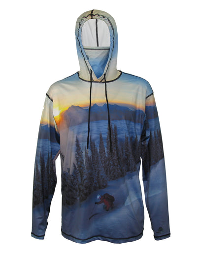 Above The Clouds SunPro Hoodie mountain clothing brand offers SPF Protection from harmful UV Rays.  Enjoy the picture hoodies or just spend a day skiing.