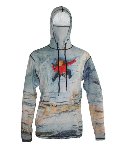 Big Wall shows a climber on the north face of the Eiger. Mountain graphic sun protective hoodie.