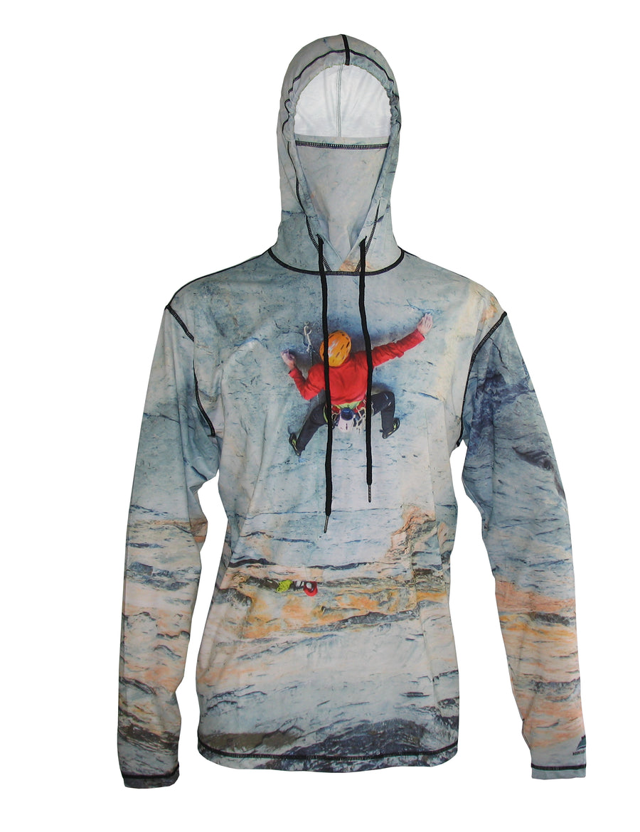 Big Wall shows a climber on the north face of the Eiger. Mountain graphic sun protective hoodie.