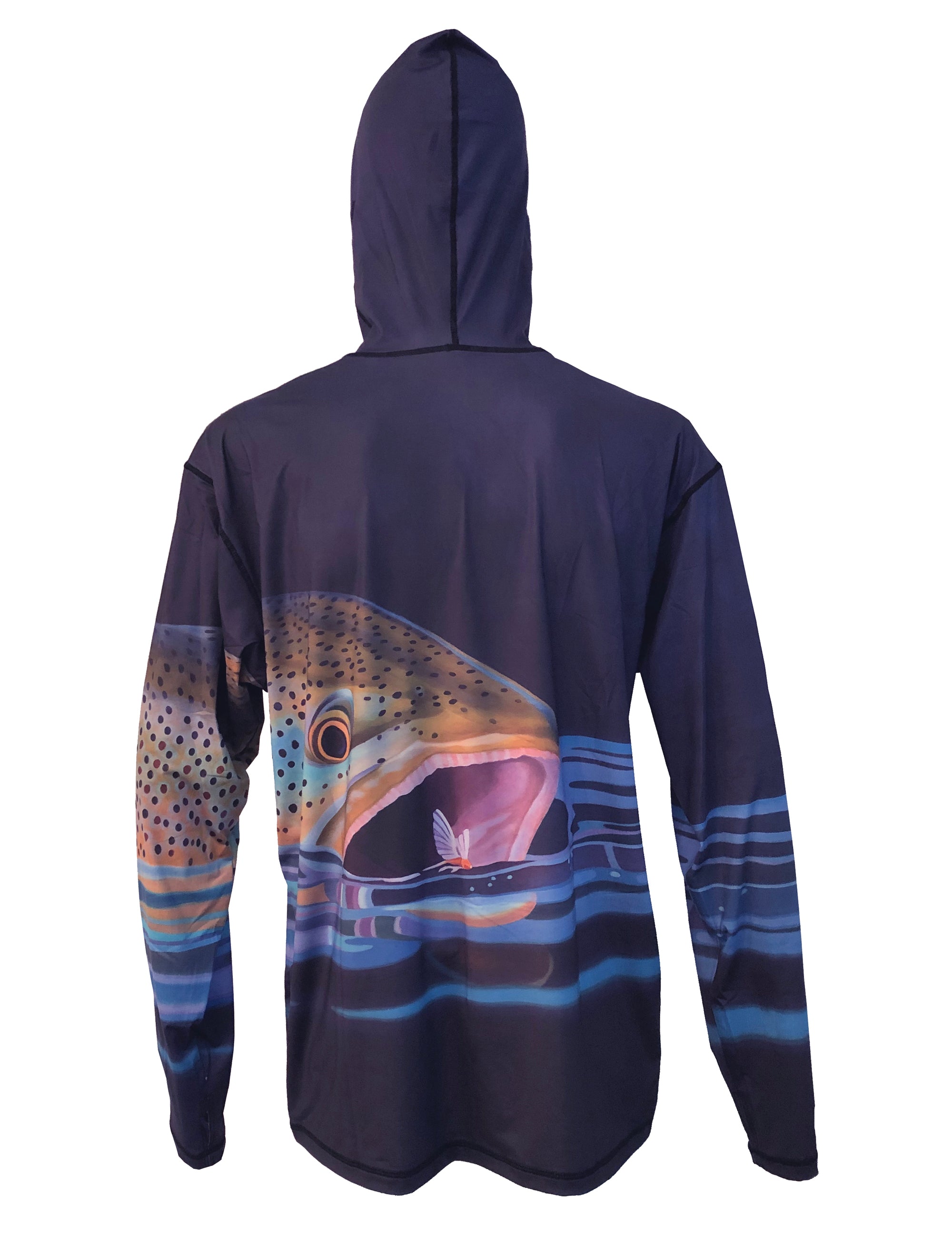 Brown Snack Sunpro Hoodie fishing clothes are a great representation of a Brown Trout rising to a trico in a back eddy on a spring creek. Back View.