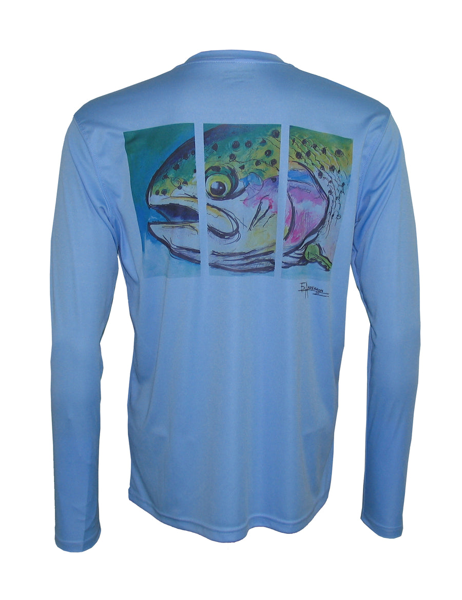 Wear this rainbow trout sun protection fishing shirt for UPF50 solar performance. Back view.
