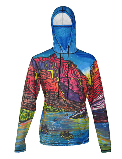 Rafting on the Grand Canyon and the Colorado River on a SunPro sun protective hoodie.