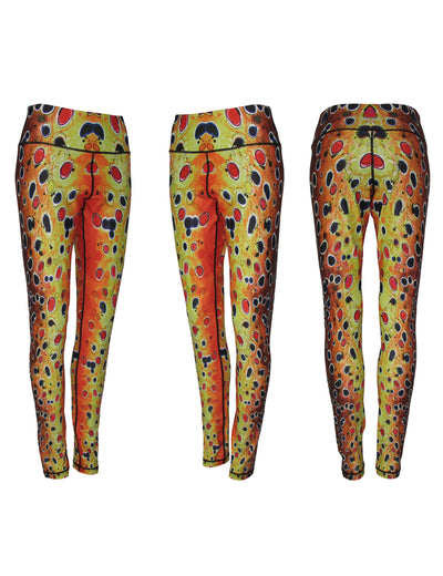 Brown Trout2 All Sport Leggings comfortable outdoor apparel for fly fishing, hiking, camping or a hike up a 14er or a day floating a river