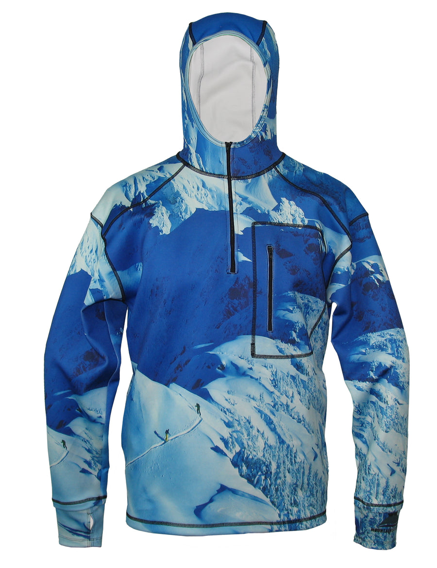 Making Tracks 1/4 Zip Hoodie mountain clothing brand offers SPF Protection from harmful UV Rays.  Enjoy the picture hoodies or just spend a day skiing. 