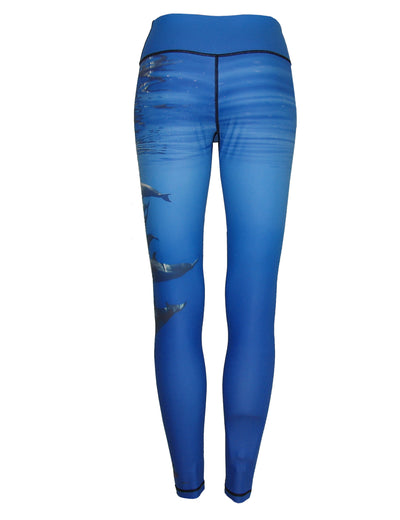 Porpoises surfing and diving beach leggings offer sun protection, perfect for a day at the beach or on the ocean.  Back view.