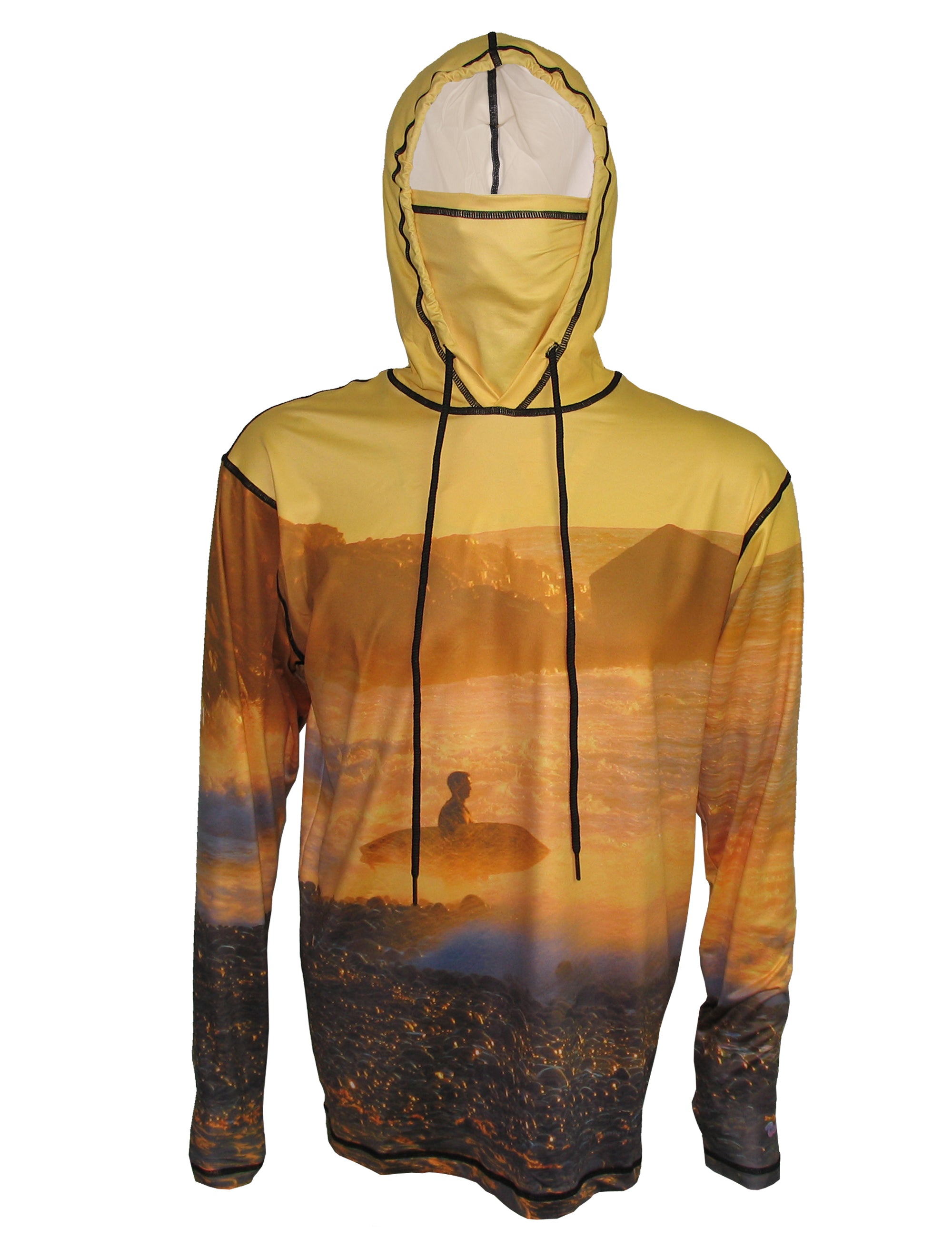 Golden Surfer surfing hoodie offers sun protection with a built in face mask.  Perfect for a day at the beach or on the ocean.