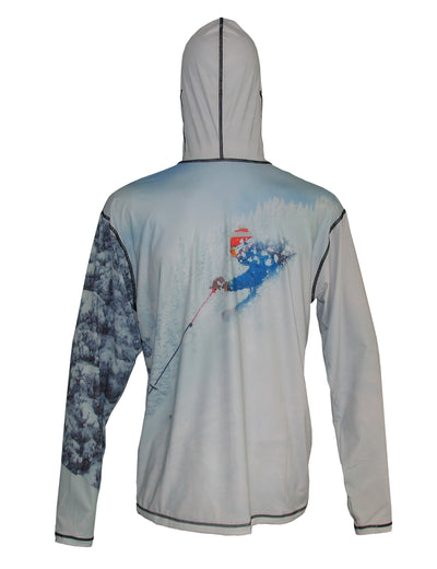 Skiing the powder and into the trees. Great graphic ski image. Back view.