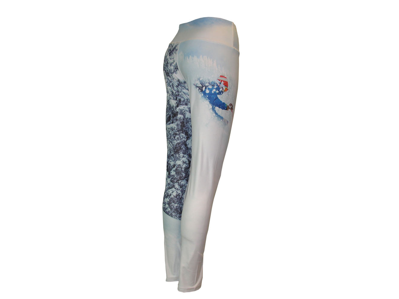 Pow mountain image on a graphic yoga legging. Great for climbing, skiing, snowboarding, base layer, winter sports. Back view