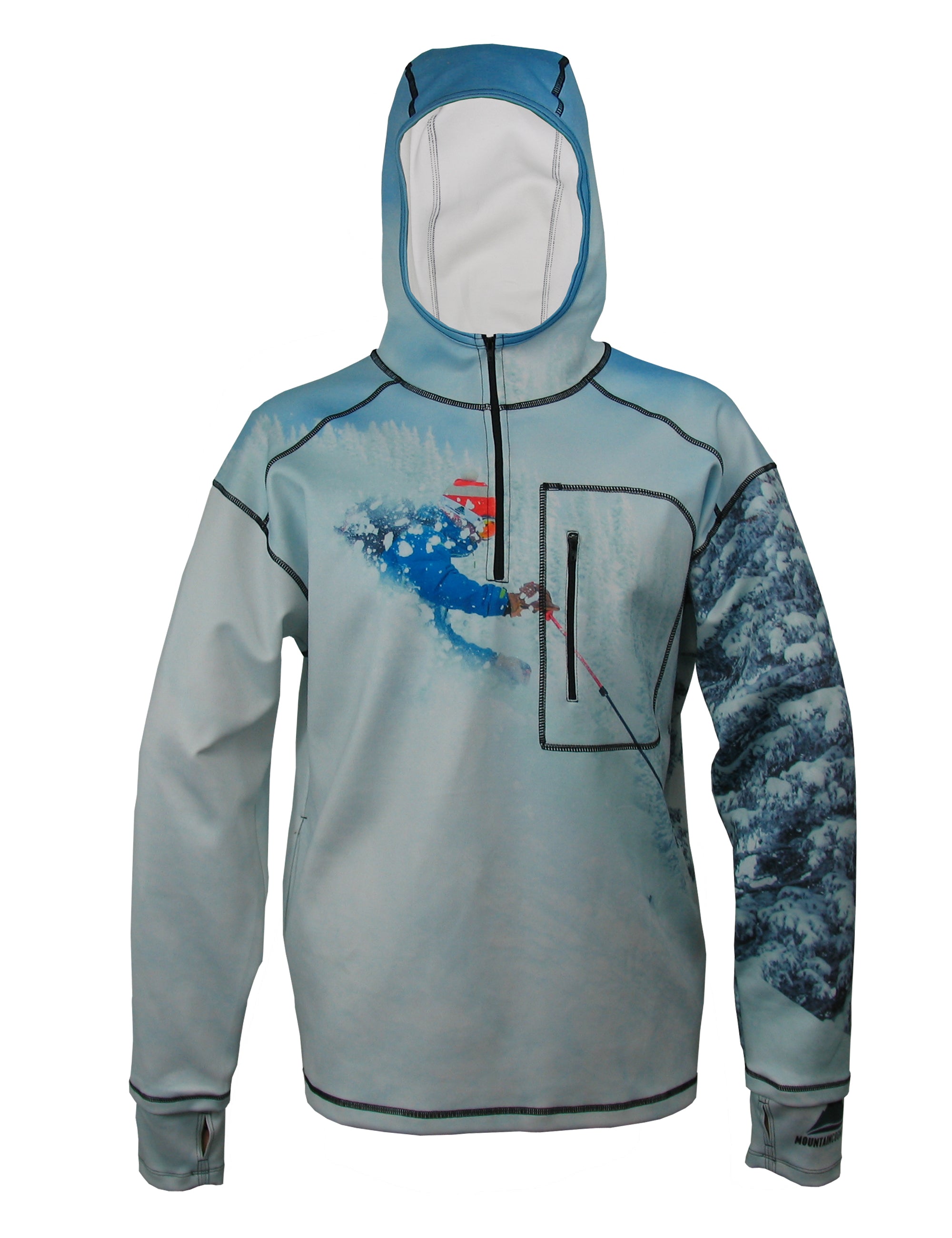 Pow 1/4 Zip Hoodie mountain clothing brand offers SPF Protection from harmful UV Rays.  Enjoy the picture hoodies or just spend a day skiing.