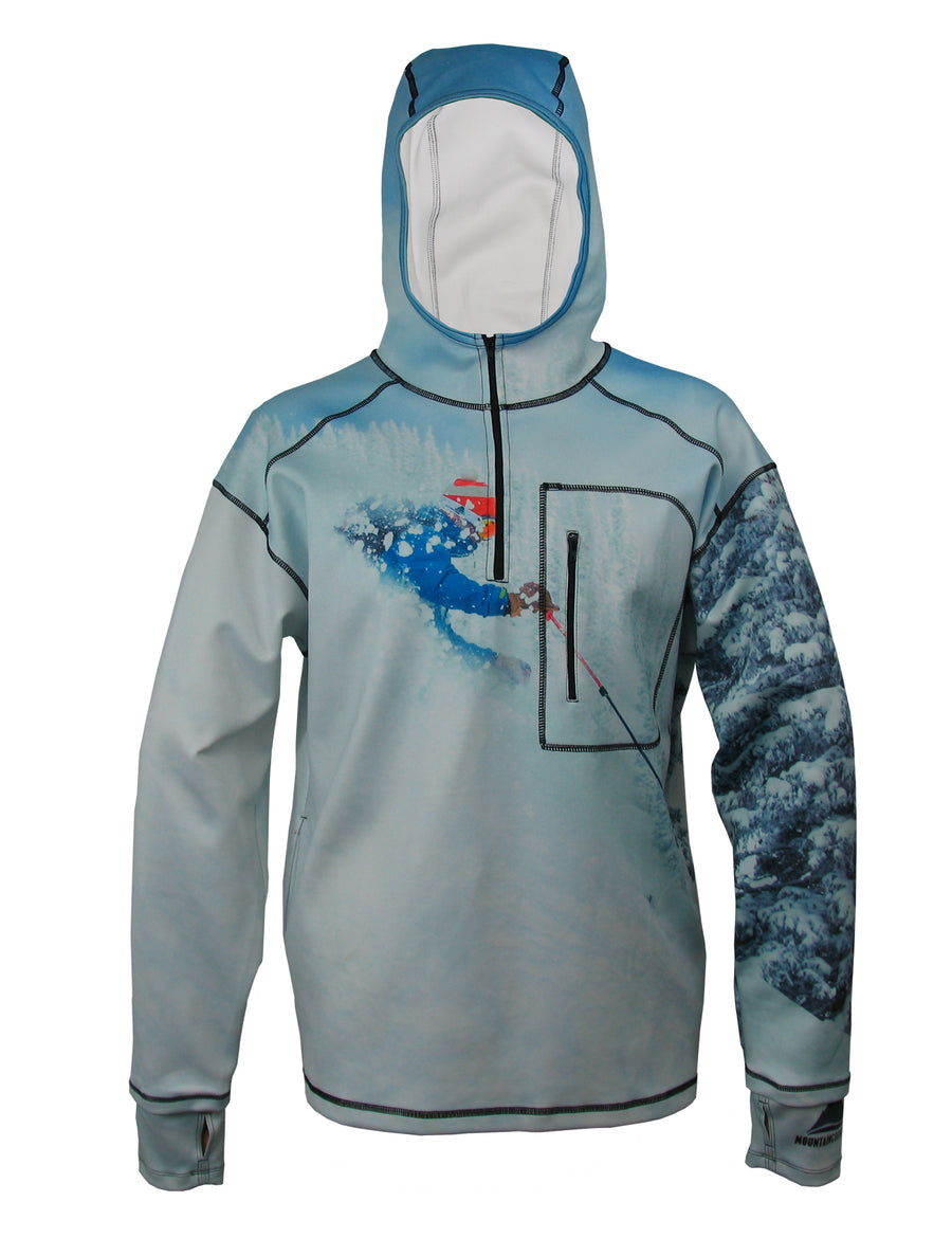 Pow 1/4 Zip Hoodie mountain clothing brand offers SPF Protection from harmful UV Rays.  Enjoy the picture hoodies or just spend a day skiing. 