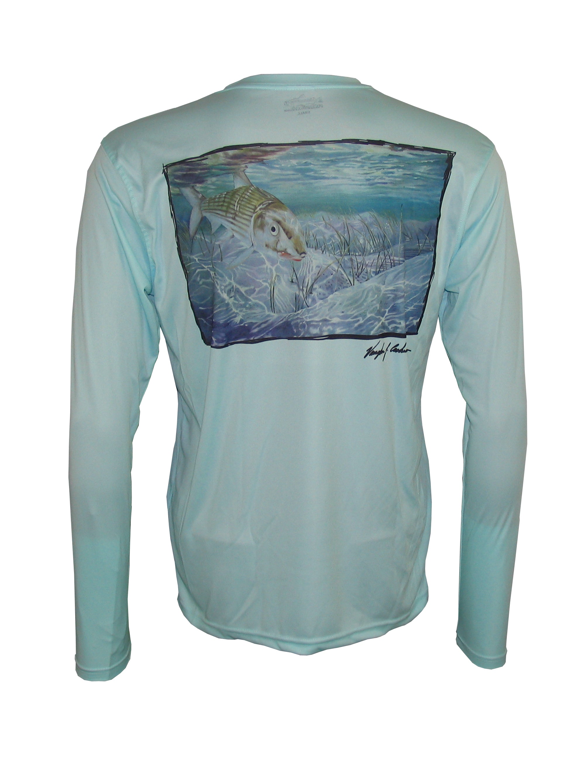 Wear this bonefish sun protection fishing shirt for UPF50 solar performance. Back view.