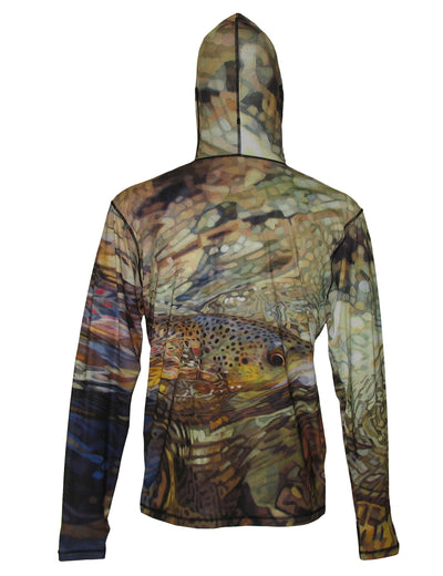 Secluded Brown Sunpro Hoodie fishing clothes are a great representation of a Brown Trout rising in a spring creek.  Back view.