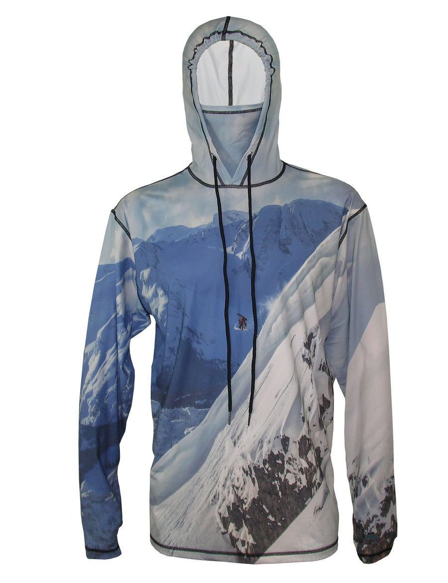Snowboarder#2 SunPro Hoodie mountain clothing brand offers SPF Protection from harmful UV Rays.  Enjoy the picture hoodies or just spend a day skiing. 