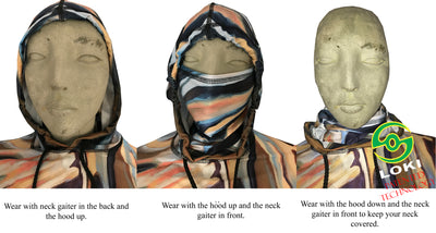 Built in neck gaiters give SPF sun protection like a buff.