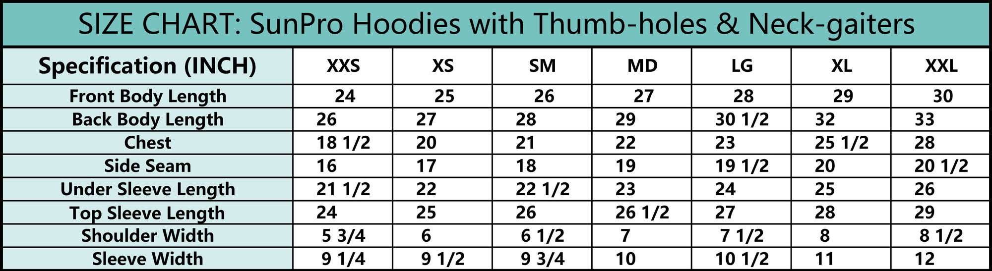 SunPro Fishing Apparel Sizing Chart