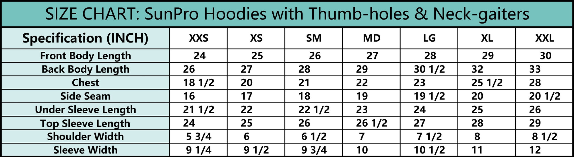 SunPro Fly Fishing Apparel Size Chart
