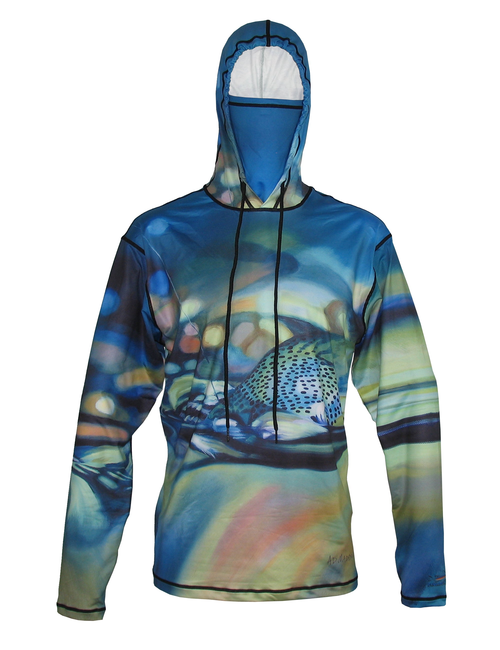 Took The One Sunpro Hoodie with an AD Maddox painting doubles as running clothes or fly fishing apparel, either is perfect river or trail.