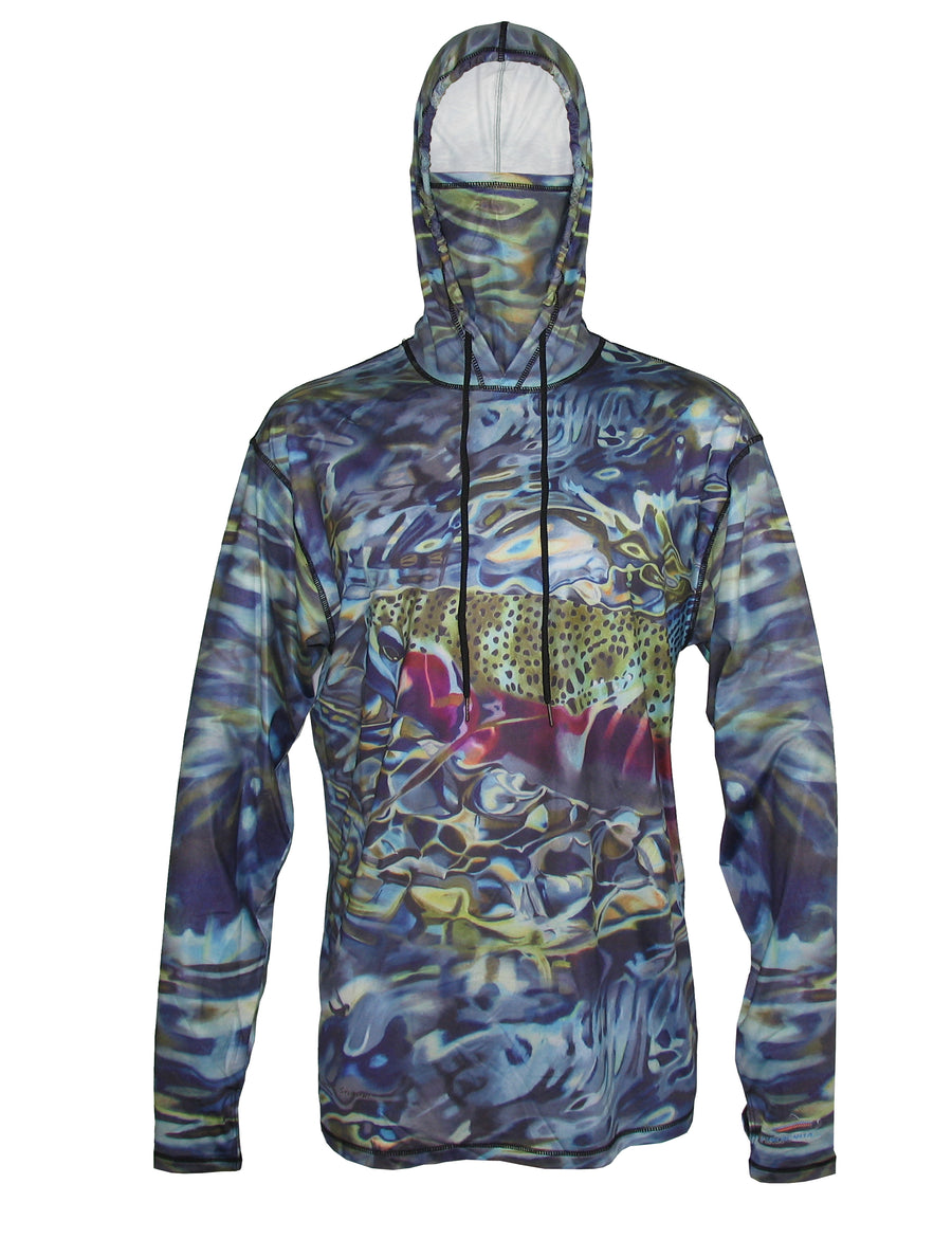 The Tranquility Sunpro Graphic Hoodie fishing clothing brand offers SPF Protection from harmful UV Rays.  Be the rainbow trout you seek or just spend a day on the river fishing. 